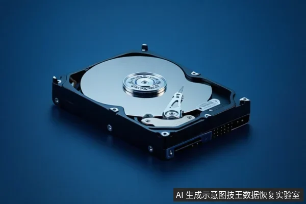 深蓝色背景上,一个打开外壳的机械硬盘平放,可见圆形盘片、中心主轴、磁头臂和尾部接口。