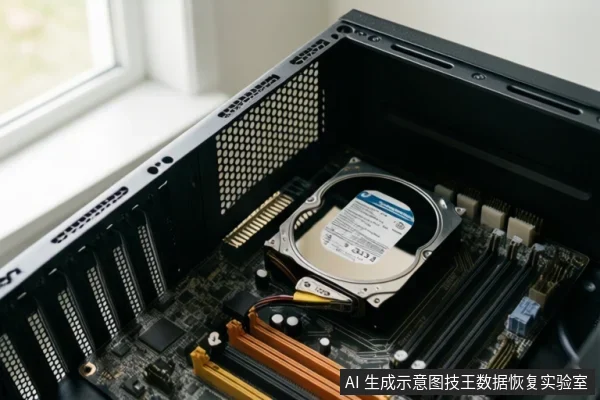 机箱内部主板上安装了一块机械硬盘，旁边可见内存插槽和SATA接口，硬盘连接着数据线和电源线。