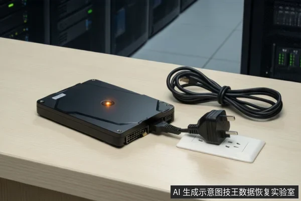 木桌上放着一块亮着橙色指示灯的黑色移动硬盘,侧面插着电源线,插头放在白色插座上未插入,旁边有一捆黑色线缆,背景是服务器机柜。