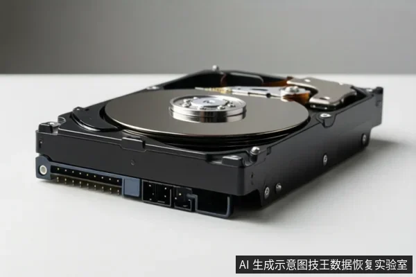 一块打开顶盖的机械硬盘静置在白色台面上，可见圆形盘片、主轴、磁头臂组件以及侧面的数据与电源接口。