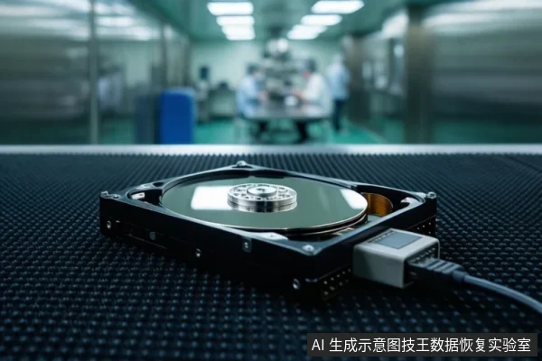 一块打开外壳的机械硬盘平放在黑色网格工作台上,盘片与磁头组件清晰可见,SATA接口连接着数据线,背景为虚化的实验室环境。