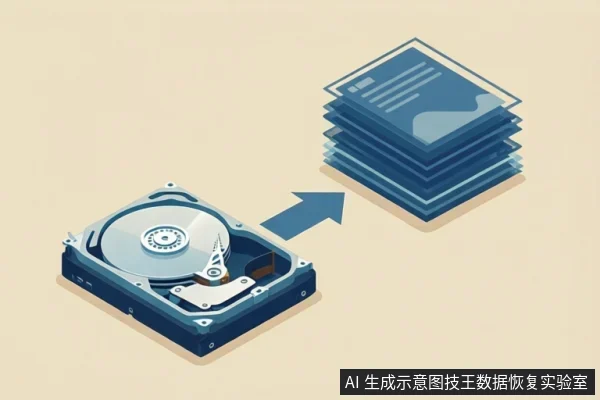 画面左侧为打开的机械硬盘,右侧为一叠文件图标,中间有箭头从硬盘指向文件,示意数据从硬盘提取到文件。