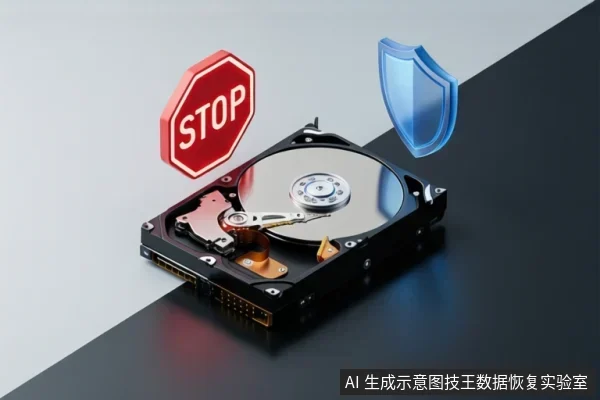 一块打开外壳的机械硬盘置于深色台面上,上方悬浮红色STOP标志和蓝色盾牌图标。