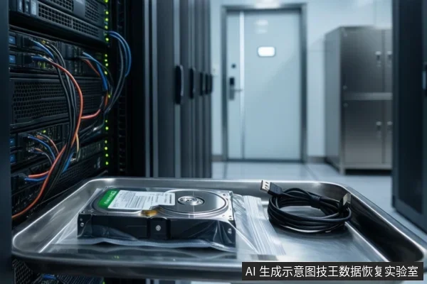 金属托盘上放着一块封装在透明防静电袋中的机械硬盘,旁边盘绕着一根黑色USB线,背景是服务器机柜和机房门