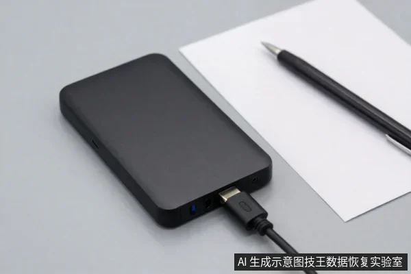 灰色桌面上放置一块黑色移动硬盘,通过USB-C线缆连接,旁边有白纸和笔。