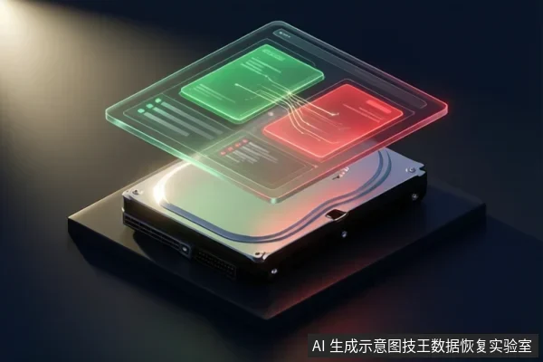 黑色移动硬盘置于深色台面上，上方悬浮半透明全息面板，显示绿色与红色数据区块及连接线条。