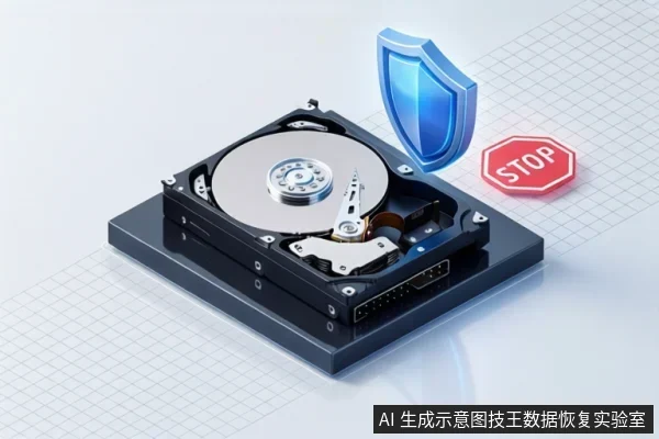 两块叠放的机械硬盘,上方盘体打开,可见盘片、主轴和磁头臂;旁边有蓝色盾牌图标与红色STOP标志,背景为浅色网格。