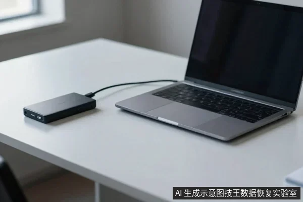 白色桌面上放着一台银色笔记本电脑和一个黑色移动硬盘,两者通过数据线连接,硬盘指示灯亮起。