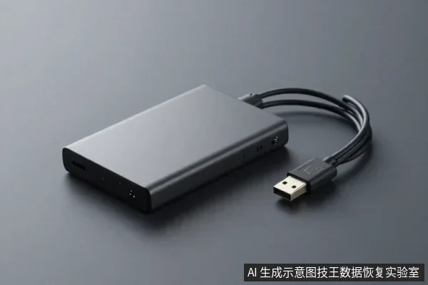灰色长方形外置硬盘盒平放于桌面,一端连有黑色线缆与USB插头。