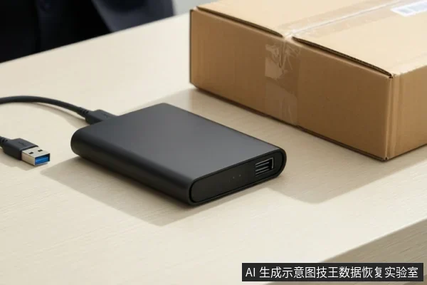 浅色桌面上放着一块黑色移动硬盘,一端插入USB数据线,USB-A插头悬空,旁边摆着一个封好的快递纸箱,背景虚化处有人坐着。
