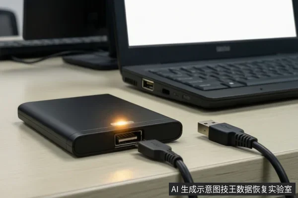 桌面上有一台笔记本电脑,旁边放着一个外接移动硬盘,硬盘指示灯亮起,一根USB线一端插在硬盘上,另一端放在桌面上。