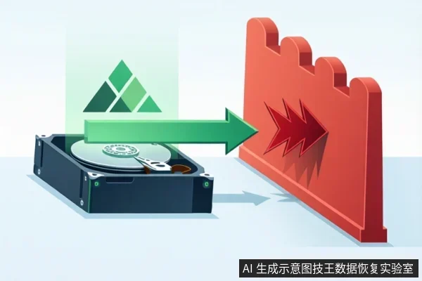 画面左侧是一块打开外壳的机械硬盘,盘片与磁头臂可见;上方有绿色三角标志,绿色箭头从硬盘指向右侧红色锯齿状挡板,挡板上有红色箭头。