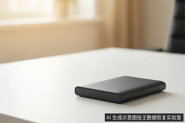 白色桌面上放置一个黑色扁平矩形电子设备,外观类似移动硬盘或外置存储盒,背景为模糊的室内环境。