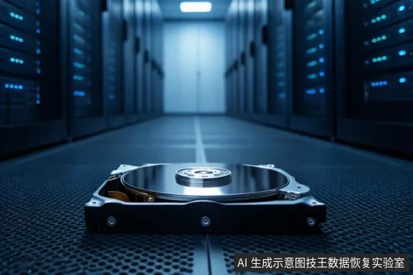 服务器机房通道地面上放置一块打开外壳的机械硬盘,可见盘片与主轴结构,背景为成排机柜。