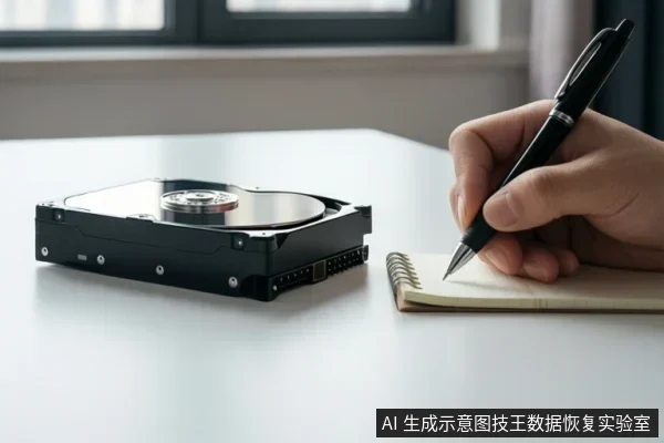 白色桌面上放置一块打开顶盖的机械硬盘,右侧一只手握着黑色笔在螺旋笔记本上书写。