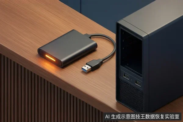 木桌上放着一块亮着橙色指示灯的黑色移动硬盘,连着一根USB线,插头悬空,旁边是一台黑色台式机主机。