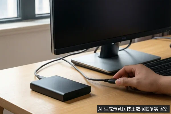 木质桌面上放置一台显示器和键盘,一只手正将USB线缆插入桌面上的黑色移动硬盘。