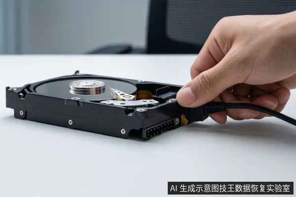 一只手正在将SATA数据线插入放置在白色桌面上的机械硬盘接口,硬盘盘片与磁头结构可见。