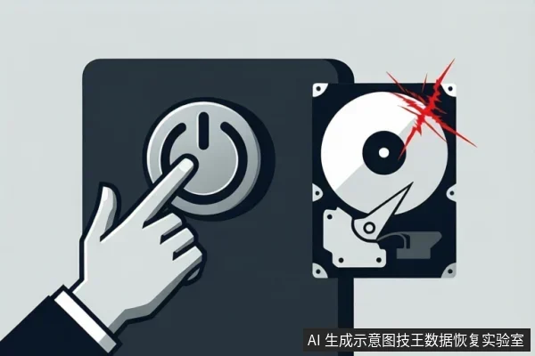 插画显示一只手正在按下电源按钮，旁边是一块机械硬盘，其盘片上有明显的红色裂纹和碎片飞溅。