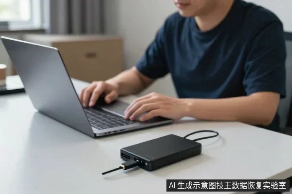 一名穿深色短袖的亚洲男性坐在桌前操作银色笔记本电脑,桌面放着一块黑色移动硬盘,侧面插着USB数据线。