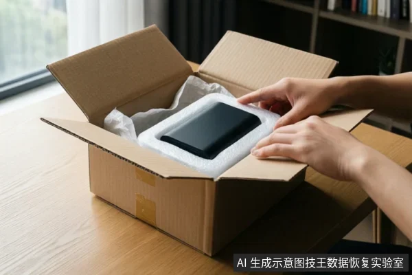 木桌上打开的纸箱内，白色泡沫中放着一块黑色移动硬盘，一双手正在整理包装。