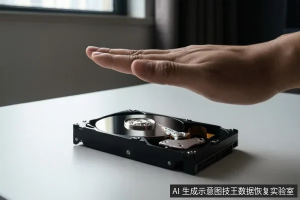 一只手悬停在白色桌面上的裸露机械硬盘上方,手掌向下做出停止或禁止触碰的手势,背景为室内窗户。