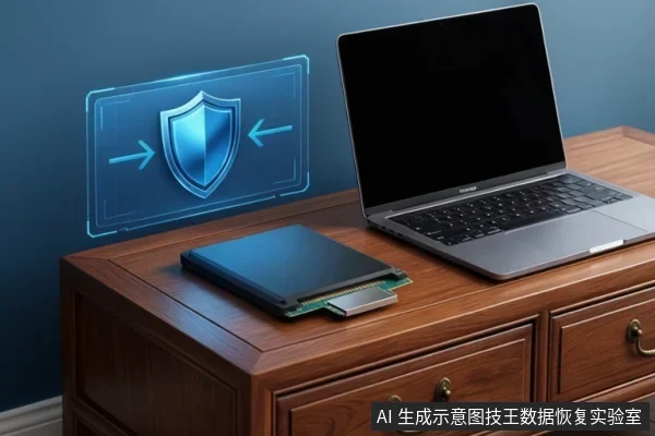 木桌上放着一台笔记本电脑和一个裸露的固态硬盘，背景墙上显示带有盾牌图标的蓝色全息投影