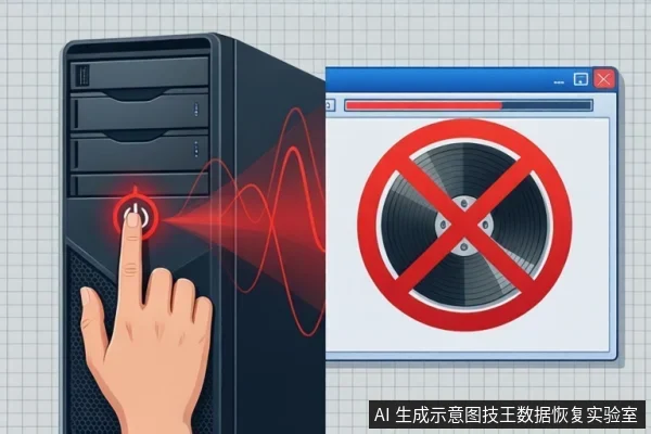 插画显示一只手按压电脑主机上的电源按钮,旁边窗口中显示一个被红色禁止符号覆盖的机械硬盘盘片。