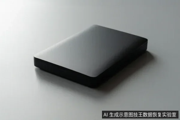 白色台面上放置一个黑色长方形外置硬盘,表面光滑,无可见接口或文字。