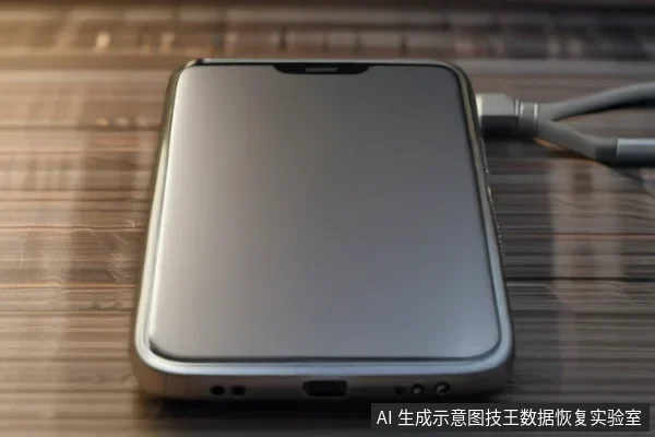 一部银灰色智能手机平放在木纹桌面上，屏幕处于关闭状态，机身底部接口连接着一根灰色线缆。