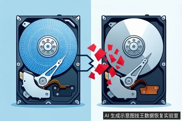 画面展示两块机械硬盘，左侧硬盘盘片呈蓝色，右侧硬盘盘片呈灰色，两者中间有红色碎片飞溅，示意硬盘故障或损坏。