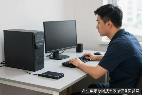 一名男子坐在桌前操作台式电脑,桌面左侧放有黑色主机,前方平放着一块黑色移动硬盘,通过线缆连接主机。