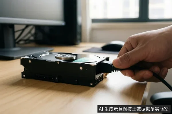 木质桌面上放置一块打开的机械硬盘,一只手正将USB数据线插入硬盘接口,背景为电脑显示器和窗户。