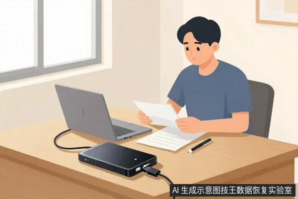一名男子坐在办公桌前,面前放着一台笔记本电脑、一块黑色外置硬盘和几页纸张,他正低头阅读手中的文件。