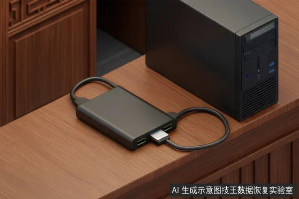 木桌上黑色台式机旁放着一个移动硬盘，USB线两端分别插入硬盘和主机前面板接口。