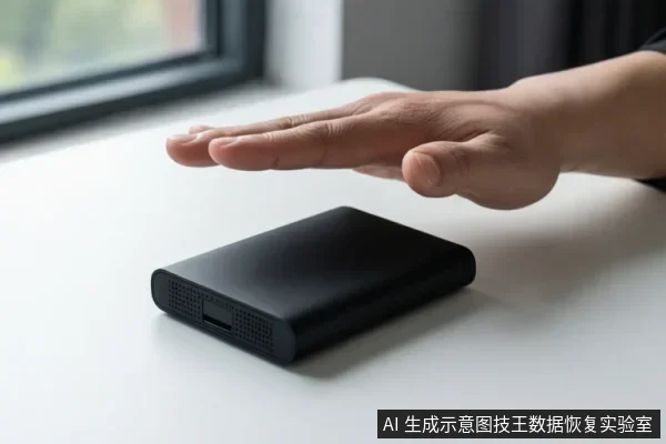 白色桌面上放置一个黑色长方形移动硬盘,一只手悬停在设备上方,背景为窗边室内环境。