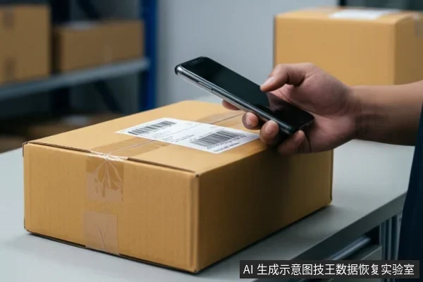仓库环境中,一只手拿着智能手机对准纸箱上的标签进行扫描,背景有货架和纸箱。
