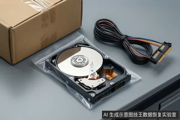 灰色桌面上,透明防静电袋内放一块开盖3.5英寸机械硬盘,可见盘片与磁头臂;左侧为牛皮纸快递箱,右侧一束SATA数据与电源线。