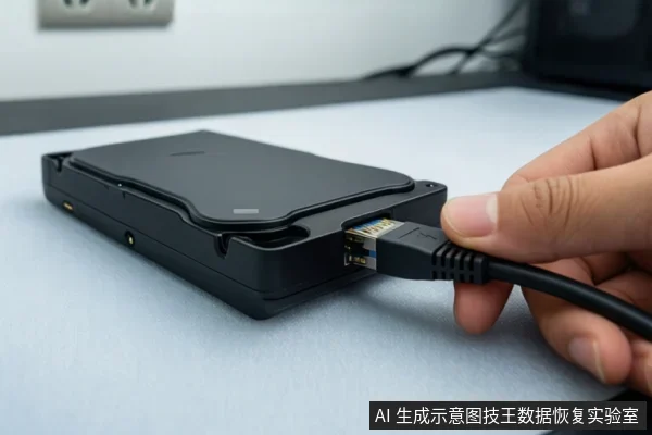 白色桌面上放置一个黑色移动硬盘,右侧一只手正将黑色网线插入硬盘侧面的RJ45接口,背景为室内桌面环境。