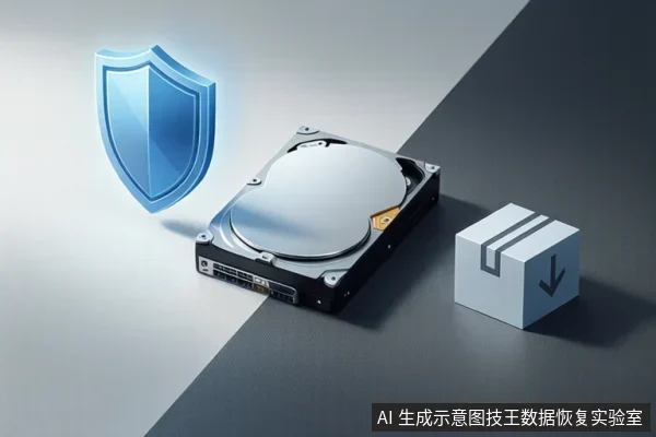 画面中央是一块打开外壳的机械硬盘，左侧悬浮蓝色盾牌图标，右侧有一个带向下箭头的白色立方体图标，背景为灰白斜分色块。
