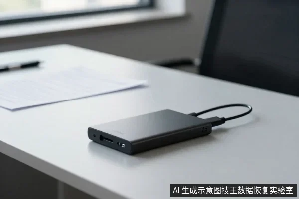 白色桌面上放着一个黑色长方形外置硬盘盒，侧面可见USB接口，连着一根黑色数据线，旁边有纸张和笔。