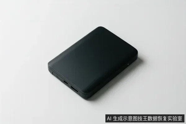 白色背景上斜放一个黑色长方形移动硬盘，侧面可见接口，无文字或人物。