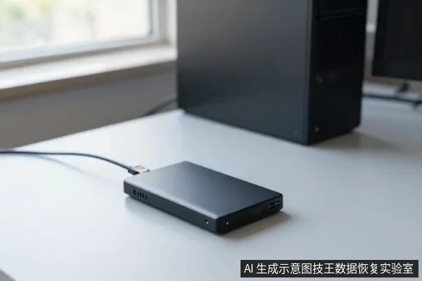 浅色桌面上放着一块黑色移动硬盘,通过数据线连接,背景有黑色电脑机箱和窗户。