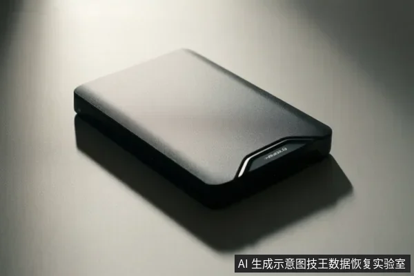 画面中展示了一个黑色的移动硬盘,放置在浅色平面上,设备表面光滑,右下角有一个带有银色边框的接口区域,整体设计简洁。