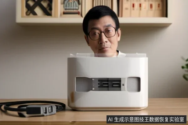 一名戴眼镜的亚洲成年男子位于一台白色多盘位存储设备后方,设备正面可见硬盘插槽,桌面左侧放有一根连接线。