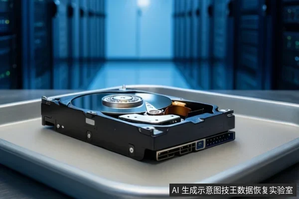 一块打开外壳的机械硬盘放置在浅色托盘上，背景为模糊的蓝色服务器机房环境。