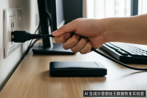 一只手正将黑色线缆插头插入墙壁插座,桌面上放着一个黑色移动硬盘,背景可见显示器和键盘。