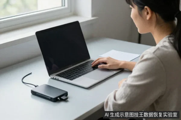 一名亚洲女性坐在窗边桌前，右手操作银色笔记本电脑触控板，屏幕全黑，桌面左侧放着一个黑色移动硬盘和连接线。