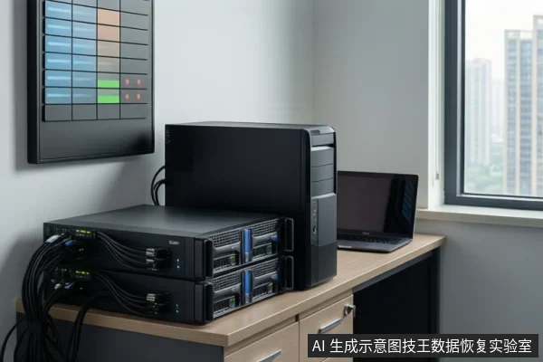 Stacked rack servers and a tower server with network cables on an office desk.