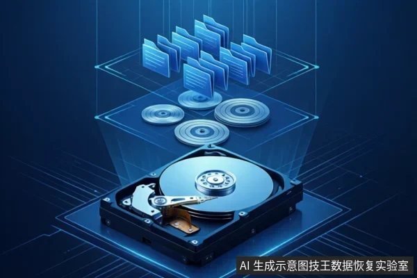 蓝色科技背景中,一个机械硬盘位于底部,上方悬浮着多个文件夹图标和盘片示意图,展示数据存储结构。